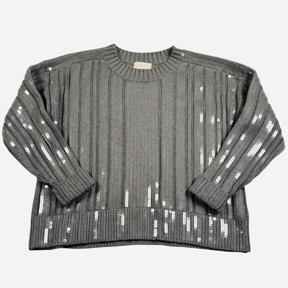 J Crew Collection Sweater Womens Small Gray Sequin Ribbed Knit Cotton AF017‎